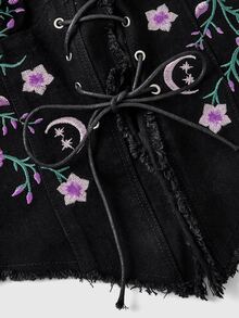 ROMWE Goth Women's Dark Retro Boho Floral Snake & Moon Print Embroidered Halter Neck Sexy Plus Size Denim Top - Black - View 4