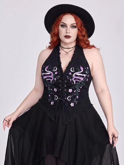 Goth Women's Dark Retro Boho Floral Snake & Moon Print Embroidered Halter Neck Sexy Plus Size Denim Top