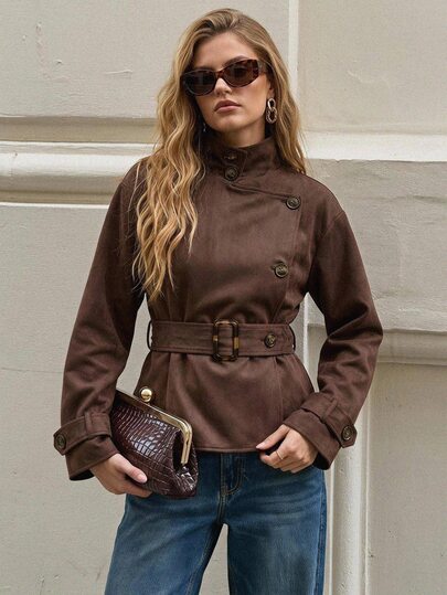 SHEIN PETITE معطف ترنش قصير للنساء من الشمواه الصناعي برباط، بني داكن، خريف، أنيق، مكتب، جاكيت قصير بياقة عالية مزدوجة الصدر، معطف باركا بسيط للخريف/الشتاء