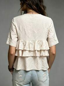 Trelyra Plus Size Solid Deep V-Neck Layered Ruffle Trim Top - Beige - View 2