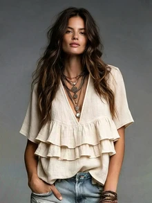 Trelyra Plus Size Solid Deep V-Neck Layered Ruffle Trim Top - Beige - View 1