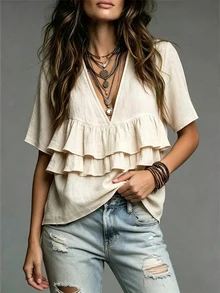 Trelyra Plus Size Solid Deep V-Neck Layered Ruffle Trim Top - Beige - View 5