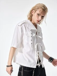 ROMWE MEN Street Life Men's Summer Fashion Solid Color Tie-Front Shirt - Apricot - View 8