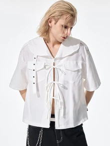 ROMWE MEN Street Life Men's Summer Fashion Solid Color Tie-Front Shirt - Apricot - View 6