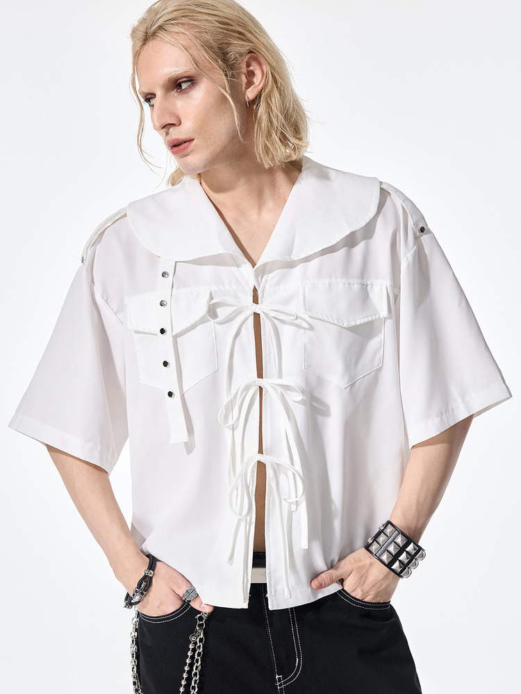 ROMWE MEN Street Life Men's Summer Fashion Solid Color Tie-Front Shirt - Apricot - View 7