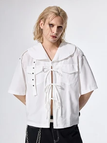 ROMWE MEN Street Life Men's Summer Fashion Solid Color Tie-Front Shirt - Apricot - View 5