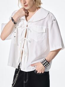 ROMWE MEN Street Life Men's Summer Fashion Solid Color Tie-Front Shirt - Apricot - View 4