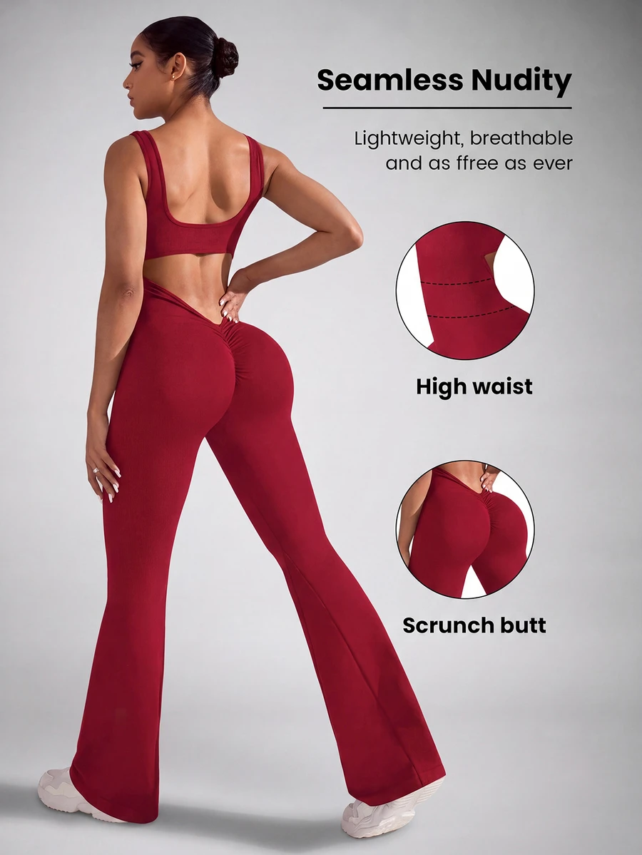 Slayform Slayform Seamless Yoga Jumpsuit / Sexy Backless U-Neck / Low V-Waist / Versatile For Sports & Everyday - Burgundy - View 1