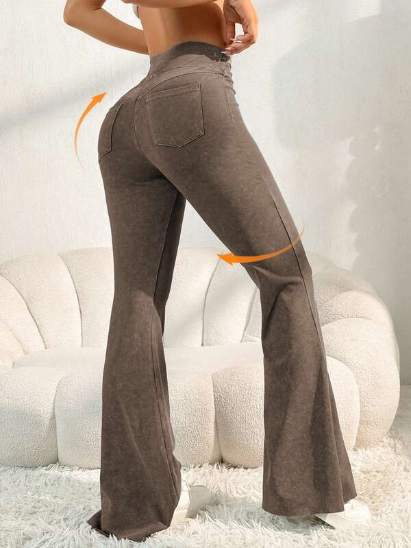 Slayform Slayform Women High Waist Flared Jeans-Look Yoga Pants With Pockets For Sports, Casual, Fitness, Workout, Commuting, Butt-Lifting (Random Distressed Effect)