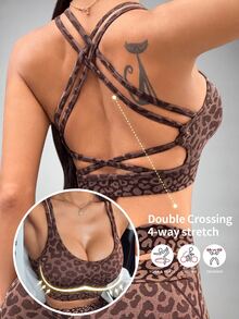 Slayform Slayform 1pc Women's Seamless Sexy Leopard Print Criss-Cross Racerback Sports Bra For Yoga, Fitness, Running - Coffee Brown - View 1
