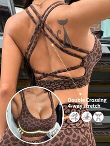 Slayform Slayform 1pc Women's Seamless Sexy Leopard Print Criss-Cross Racerback Sports Bra For Yoga, Fitness, Running - Coffee Brown - View 3