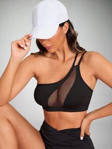 Slayform Slayform One Shoulder Mesh Insert Sports Bra,Women Tennis Outfit - Black - View 1