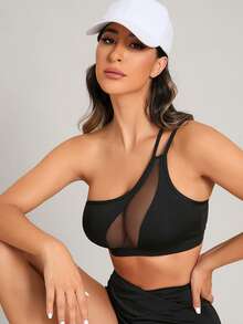 Slayform Slayform One Shoulder Mesh Insert Sports Bra,Women Tennis Outfit - Black - View 3