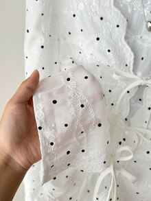 Muvela 女款秋季白色刺繡黑白波點休閒日常長袖襯衫，白色上衣，波點上衣，外出穿搭上衣 - 白色 - 查看 6