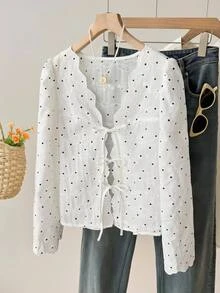 Muvela 女款秋季白色刺繡黑白波點休閒日常長袖襯衫，白色上衣，波點上衣，外出穿搭上衣 - 白色 - 查看 3