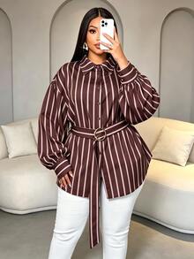 SOLERSUN Plus Size Women's Collar Vertical Printed Brown Shirt Belt Design, Suitable For Commuting, Office Formal, Holidays, Halloween Autumn Casual Elegant - Coffee Brown - View 1