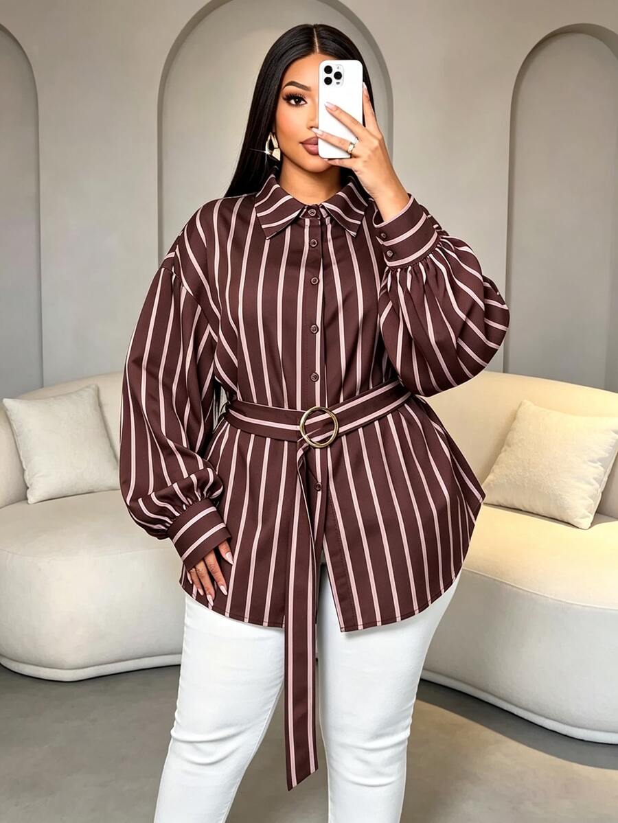 SOLERSUN Plus Size Women's Collar Vertical Printed Brown Shirt Belt Design, Suitable For Commuting, Office Formal, Holidays, Halloween Autumn Casual Elegant - Coffee Brown - View 1