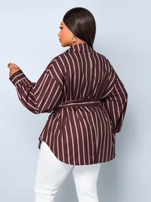 SOLERSUN Plus Size Women's Collar Vertical Printed Brown Shirt Belt Design, Suitable For Commuting, Office Formal, Holidays, Halloween Autumn Casual Elegant - Coffee Brown - View 5