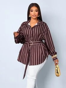 SOLERSUN Plus Size Women's Collar Vertical Printed Brown Shirt Belt Design, Suitable For Commuting, Office Formal, Holidays, Halloween Autumn Casual Elegant - Coffee Brown - View 4