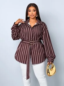 SOLERSUN Plus Size Women's Collar Vertical Printed Brown Shirt Belt Design, Suitable For Commuting, Office Formal, Holidays, Halloween Autumn Casual Elegant - Coffee Brown - View 7
