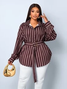 SOLERSUN Plus Size Women's Collar Vertical Printed Brown Shirt Belt Design, Suitable For Commuting, Office Formal, Holidays, Halloween Autumn Casual Elegant - Coffee Brown - View 2