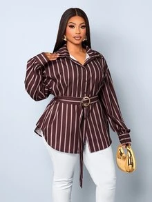 SOLERSUN Plus Size Women's Collar Vertical Printed Brown Shirt Belt Design, Suitable For Commuting, Office Formal, Holidays, Halloween Autumn Casual Elegant - Coffee Brown - View 8