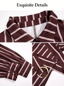 SOLERSUN Plus Size Women's Collar Vertical Printed Brown Shirt Belt Design, Suitable For Commuting, Office Formal, Holidays, Halloween Autumn Casual Elegant - Coffee Brown - View 9