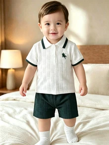 Souflis Souflis 男嬰夏季深綠色學院風提花 Polo 衫與短褲 2 件套，小馬印花翻領短袖套裝，適合日常穿著、聚會與度假 - 墨綠色 - 查看 3