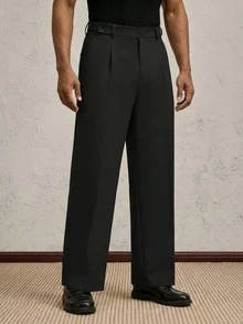 EASEVO Plus Size Men's Solid Color Pleated Design Straight Leg Loose Fit Pants - Black - View 1