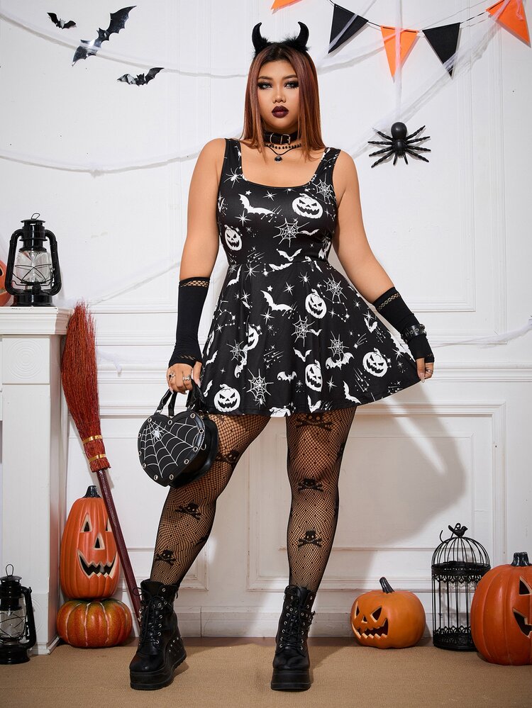SHEIN EZwear Plus Size Women's All-Over Print Casual Daily Wear Romper - Black and White - View 4