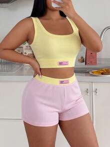ZzzCrew Plus Size Women's Vibrant Colorblock High Elasticity Skin-Friendly Ribbed Texture Tank Top And Shorts Pajama Set - Multicolor - View 6