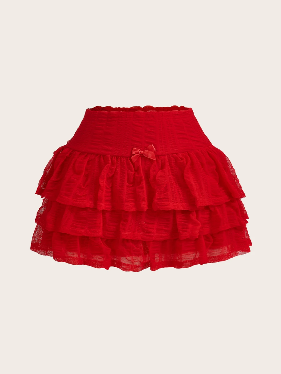 SHEIN ICON Y2k Summer Hawaiian White Clothes Solid Color Bowknot Cake Mini Skirt - Red - View 1