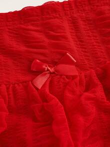 SHEIN ICON Y2K夏威夷白色服裝，純色蝴蝶結蛋糕迷你裙 - 紅色 - 查看 5