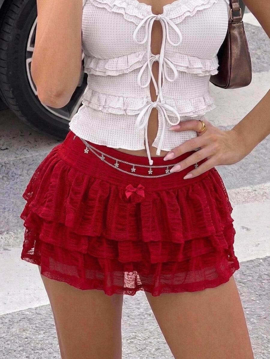 SHEIN ICON Y2K夏威夷白色服裝,純色蝴蝶結蛋糕迷你裙 - 紅色 - 查看 1