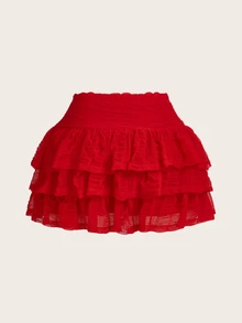 SHEIN ICON Y2K夏威夷白色服裝，純色蝴蝶結蛋糕迷你裙 - 紅色 - 查看 2