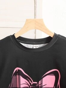 SHEIN 青少年女孩秋冬雙色格紋粉色蝴蝶結休閒居家睡衣套裝，阻燃面料 - 西瓜粉 - 查看 4