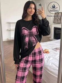 SHEIN 青少年女孩秋冬雙色格紋粉色蝴蝶結休閒居家睡衣套裝，阻燃面料 - 西瓜粉 - 查看 3