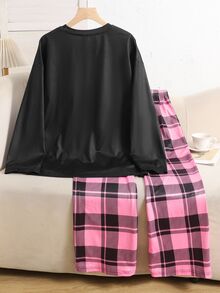 SHEIN 青少年女孩秋冬雙色格紋粉色蝴蝶結休閒居家睡衣套裝，阻燃面料 - 西瓜粉 - 查看 2