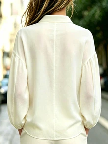 SHEIN 女款米色紋理襯衫，通勤翻領單排扣寬鬆泡泡燈籠長袖顯瘦修身百搭開襟上衣 - 杏色 - 查看 4