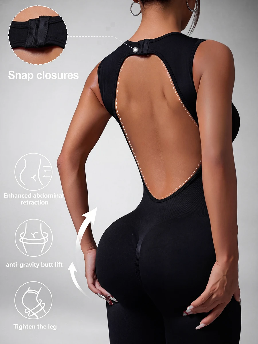 Slayform Slayform Solid Color Round Neck Sleeveless Backless Jumpsuit, Sports Summer - Black - View 1