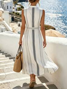 Isle Nomé Women's Spring/Summer Gray And White Striped Sleeveless Tie-Front Slit Long Dress, Vacation Style Casual Loose Fit - Apricot - View 2