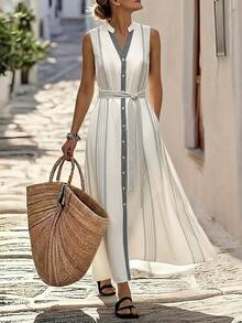 Isle Nomé Women's Spring/Summer Gray And White Striped Sleeveless Tie-Front Slit Long Dress, Vacation Style Casual Loose Fit - Apricot - View 1