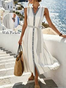 Isle Nomé Women's Spring/Summer Gray And White Striped Sleeveless Tie-Front Slit Long Dress, Vacation Style Casual Loose Fit - Apricot - View 6