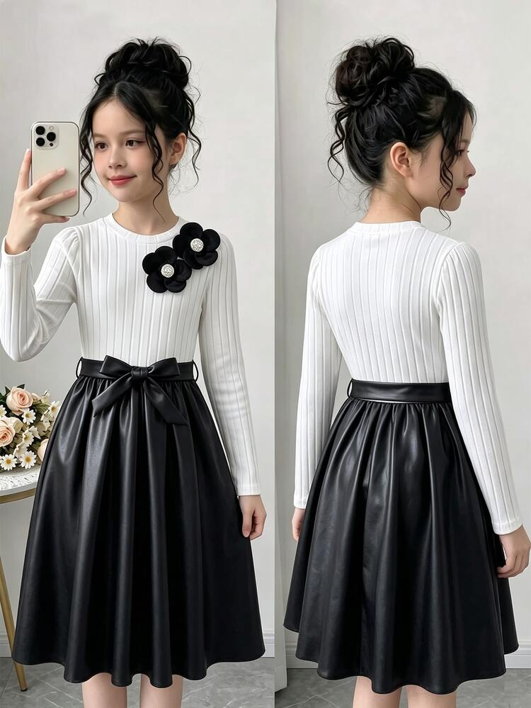 SHEIN Girls Black And White Colorblock 2 In 1 Dress, Vertical Ribbed Brushed Fabric Puff Long Sleeve Midi Dress, Shoulder Decor 3D Flower Pearl Bow Waist Belt, Sweet Elegant Spring Autumn Dress - Black - View 1