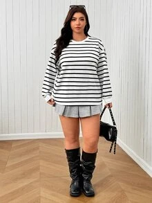 SHEIN EZwear Plus Size Autumn Casual Elegant Black And White Crew Neck Sweatshirt Formal Vacation Fall - Black and White - View 4
