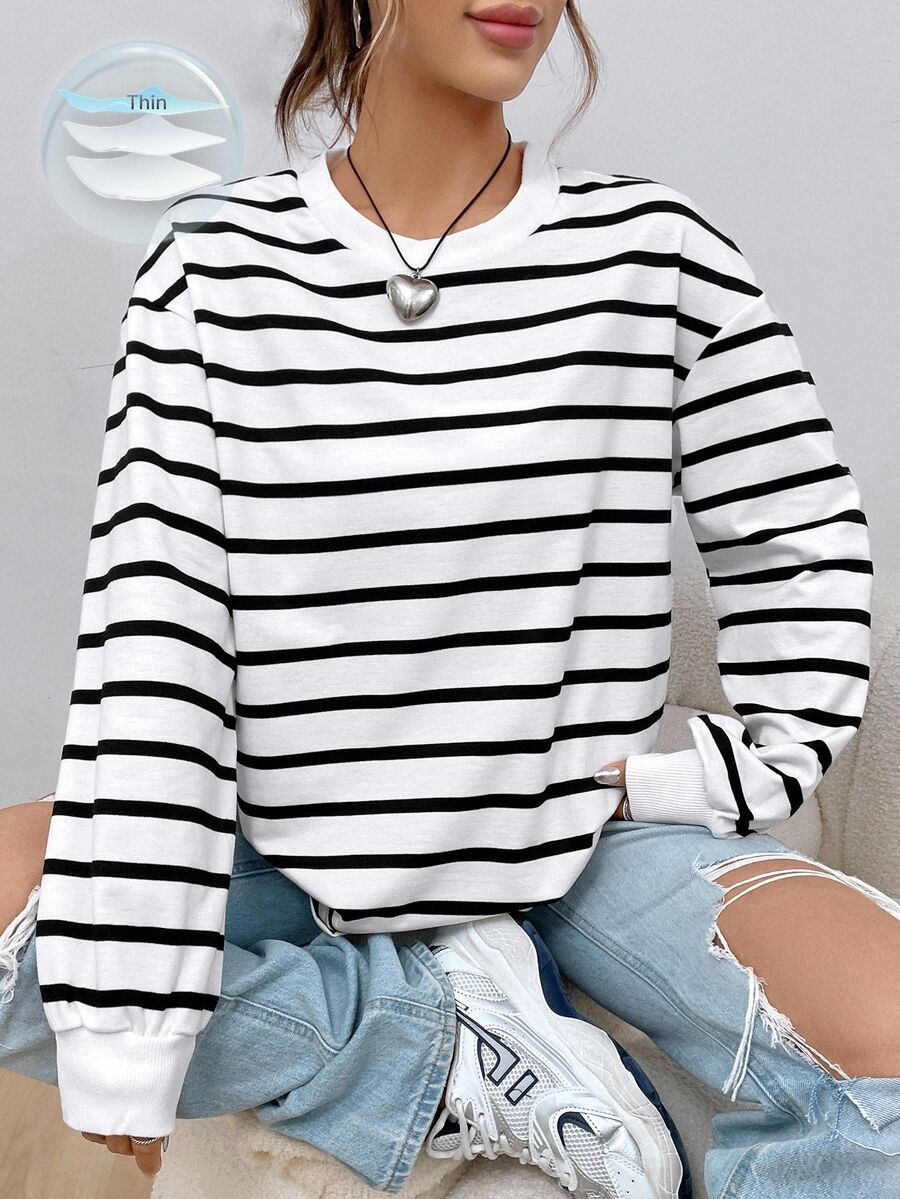 SHEIN EZwear Plus Size Autumn Casual Elegant Black And White Crew Neck Sweatshirt Formal Vacation Fall - Black and White - View 1