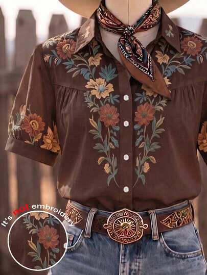 LanaWest CURVE Plus Size Women's Woven Regular Fit Summer American Western Vintage Pastoral Floral Print Collared Petal Sleeve Blouse