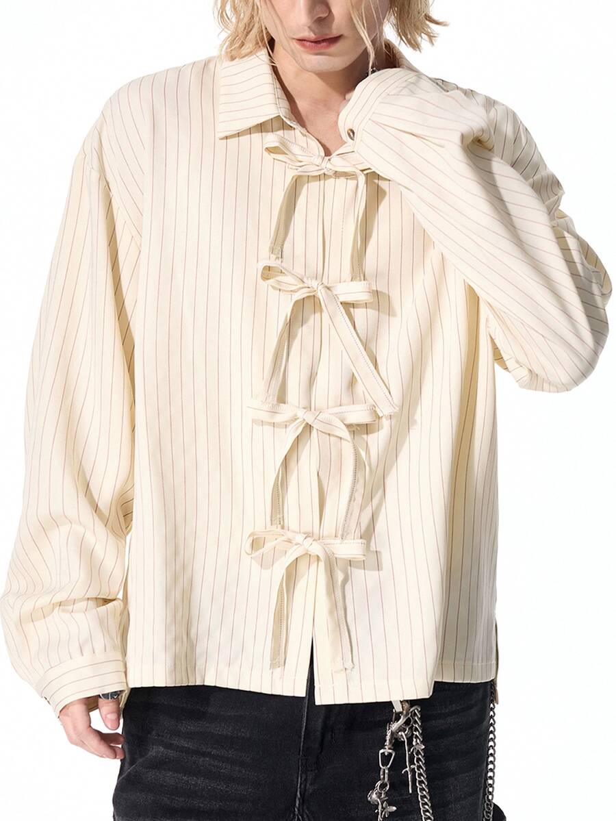 ROMWE MEN Street Life Men's Casual Striped Lace-Up Shirt - Multicolor - View 1