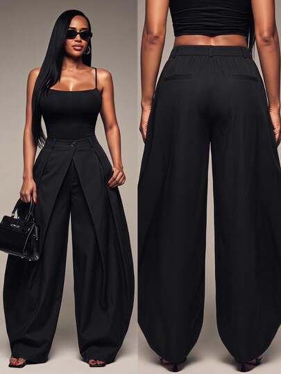Radiana Casual Fashion Minimalist Black Wrap-Around Suit Pants, Black Suit Pants, Wide Leg Pants, Casual Pants, Commuter Pants