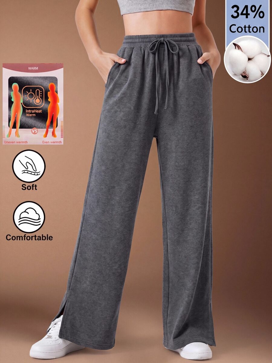 SHEIN BASICS Women's Casual Cotton Blend Sweatpants With Side Slits Warm And Comfortable Lounge Pants Gym Lounge Grey Autumn - Apricot - View 1